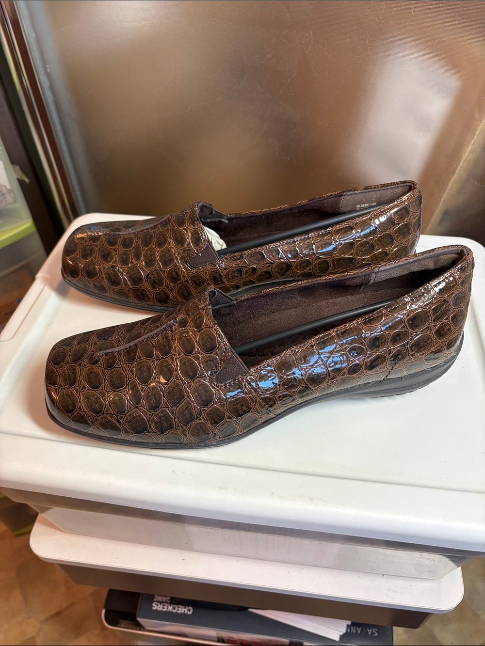 Brown Croc-Embossed Slip-On Loafers for Women